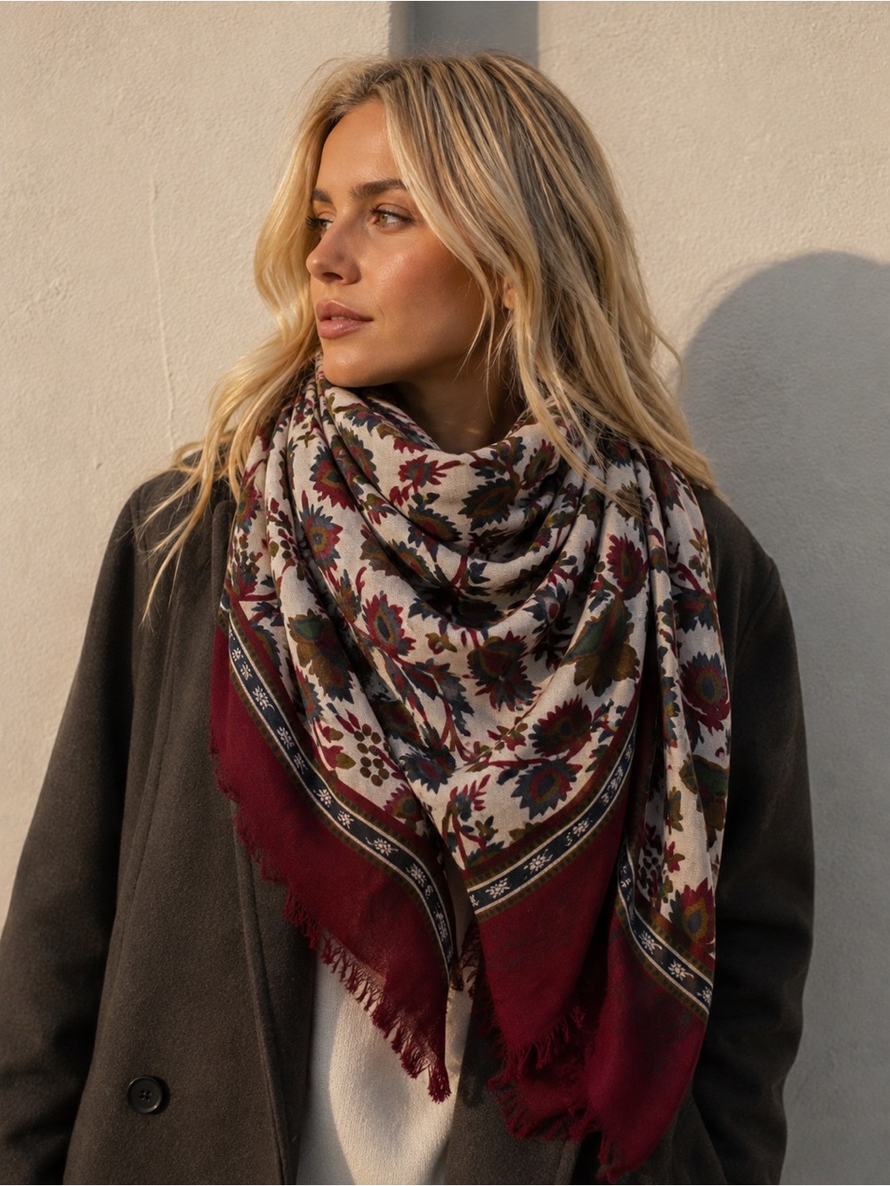 Massimo Dutti Floral Print Burgundy and Cream Scarf